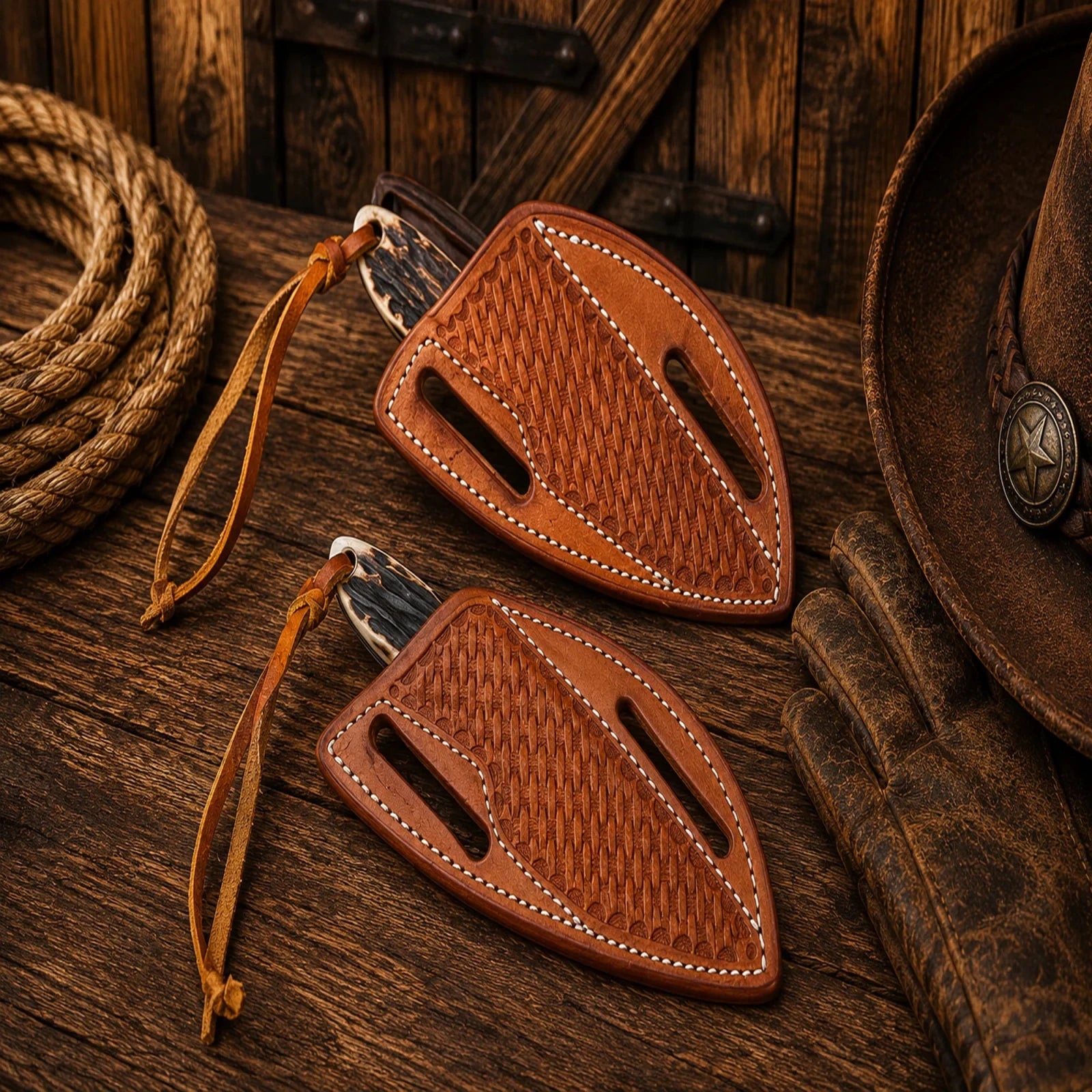 Longhorn Legacy Buckaroo Knife Set – Damascus Steel, Antler Wood Handle & Cross Draw Pancake Sheath - SHAM KNIVESCowboy KnifeSHAM KNIVESLonghorn Legacy Buckaroo Knife Set – Damascus Steel, Antler Wood Handle & Cross Draw Pancake Sheath