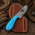 Longhorn Ranch Field Knife – Damascus Blade Turquoise Handle with Belt Sheath - SHAM KNIVESCowboy KnifeSHAM KNIVESLonghorn Ranch Field Knife featuring a handmade Damascus steel blade and turquoise handle with leather belt sheath.