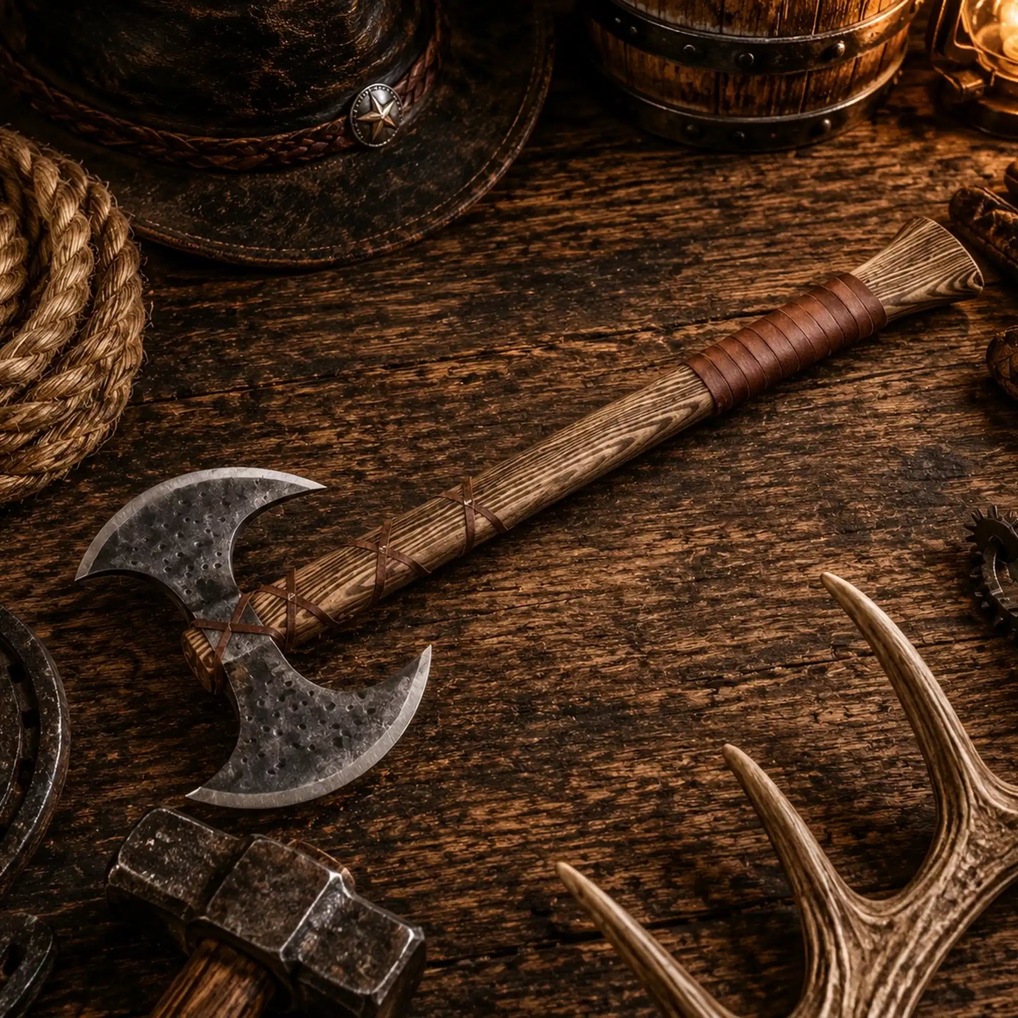 Hand forged carbon steel double headed medieval axe
