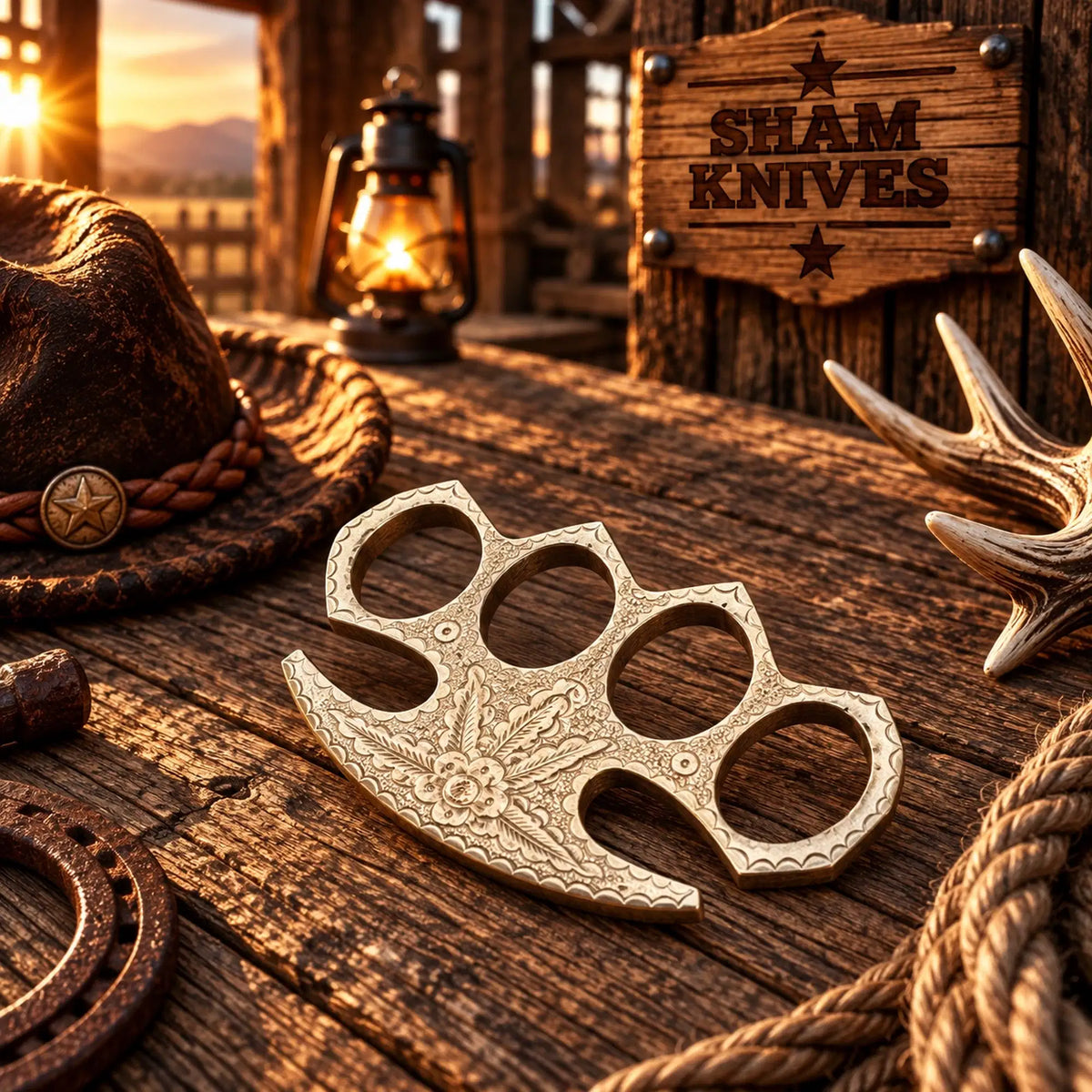 Luxury floral engraved brass knuckle gift displayed on a rustic table