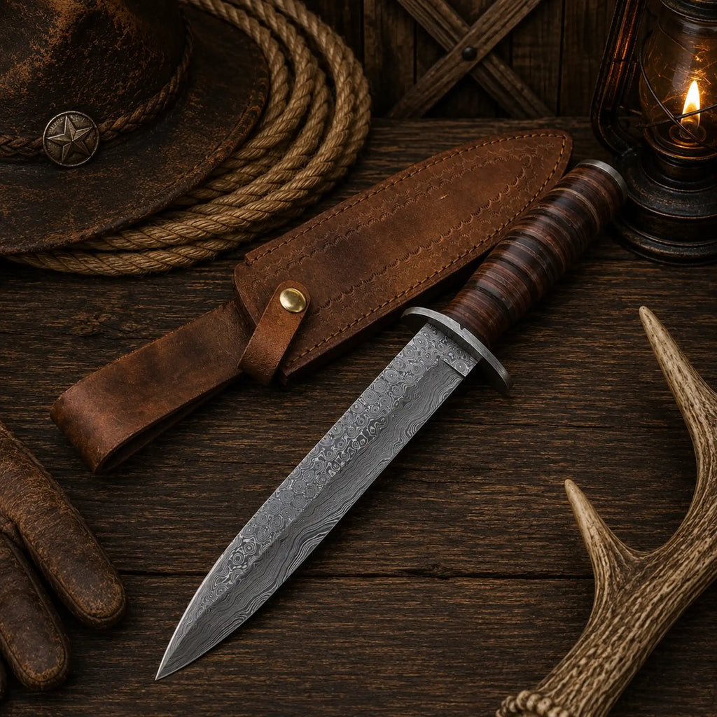 M3 Heritage Damascus Bowie knife with stacked-leather handle