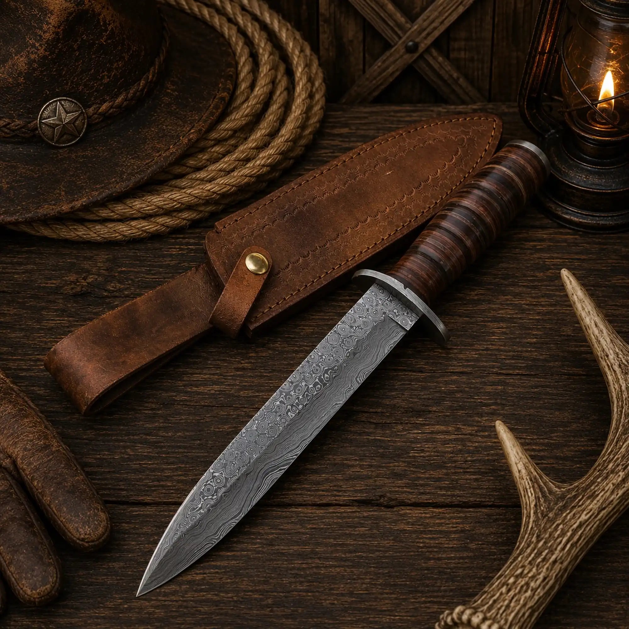 M3 Heritage Damascus Bowie knife with stacked-leather handle