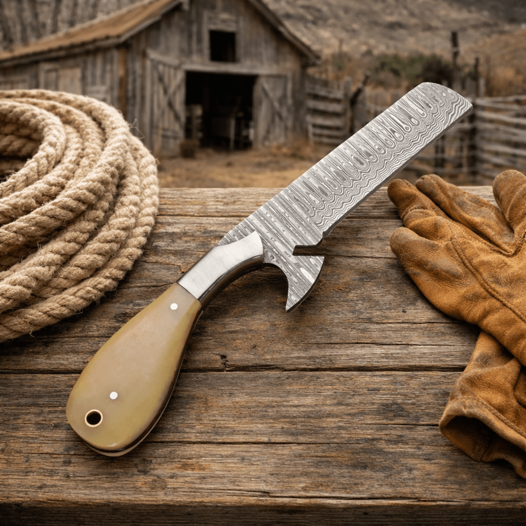 Maverick Bull Cutter – Hand - Forged Damascus Cowboy Skinner Knife with Leather Sheath - SHAM KNIVES Cowboy KnifeSHAM KNIVESMaverick Bull Cutter – Hand - Forged Damascus Cowboy Skinner Knife with Leather Sheath