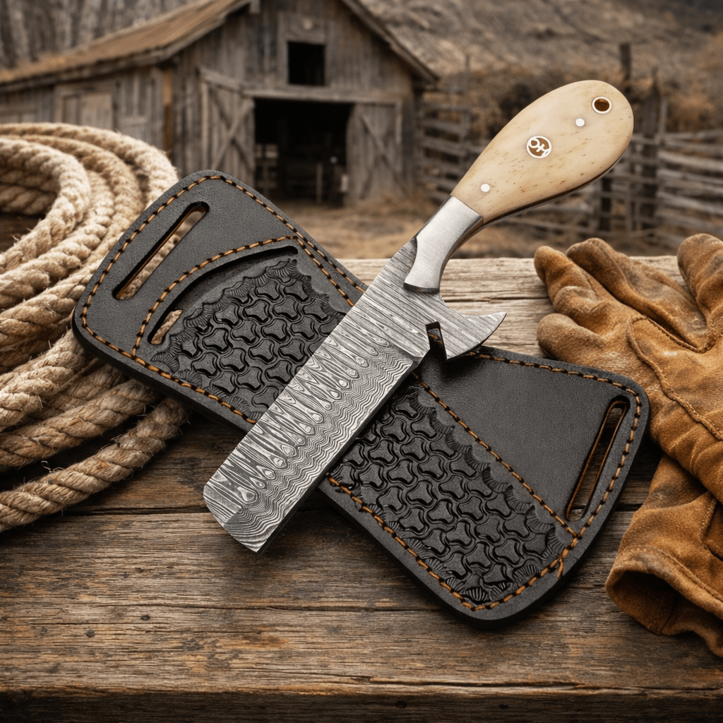 Maverick Bull Cutter – Hand - Forged Damascus Cowboy Skinner Knife with Leather Sheath - SHAM KNIVES Cowboy KnifeSHAM KNIVESMaverick Bull Cutter – Hand - Forged Damascus Cowboy Skinner Knife with Leather Sheath