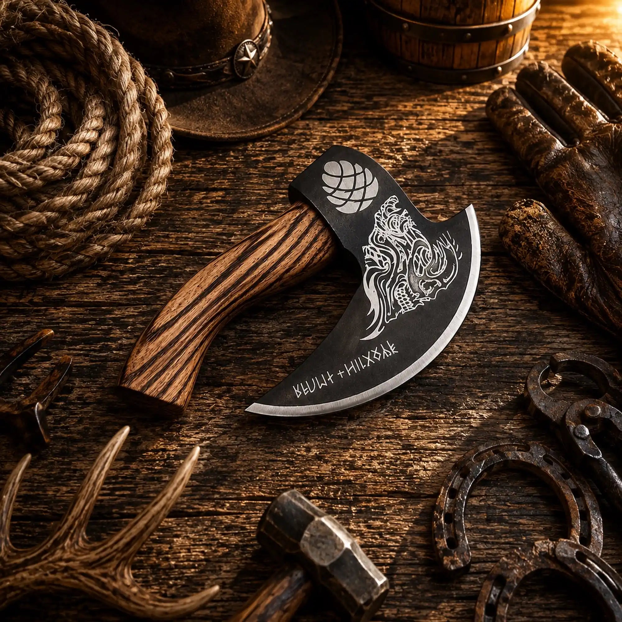 Medieval carbon steel pizza axe with skull and Nordic detailing