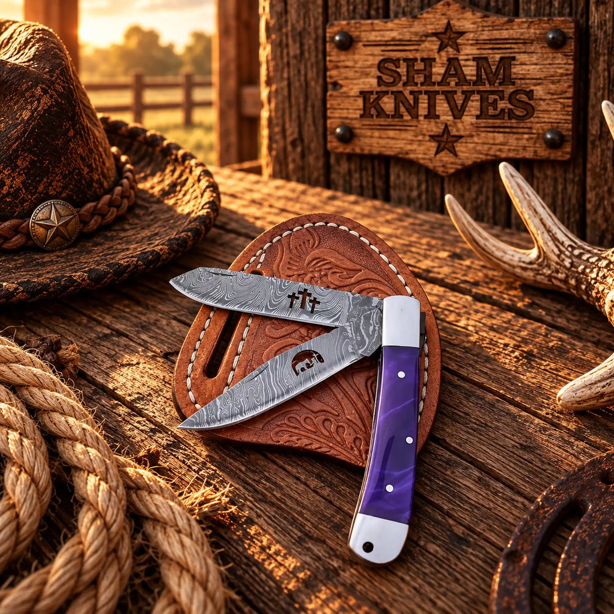 Midnight blue Damascus double-blade trapper folding knife
