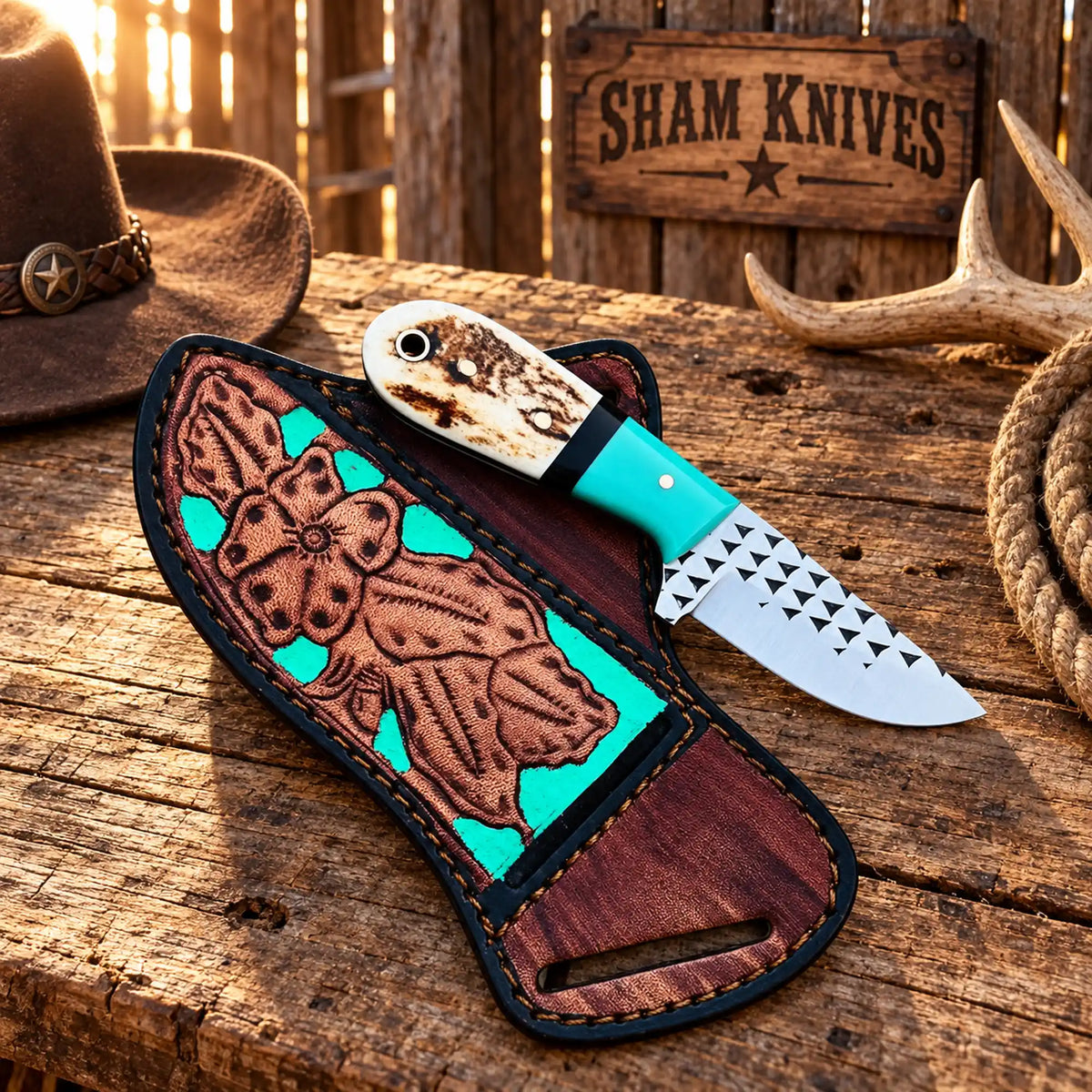Mini skinning knife displayed with decorative pancake belt sheath