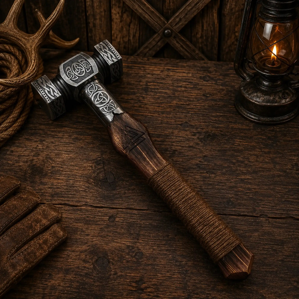 Handmade 18-inch Mjölnir Viking hammer with burnt ash-wood handle