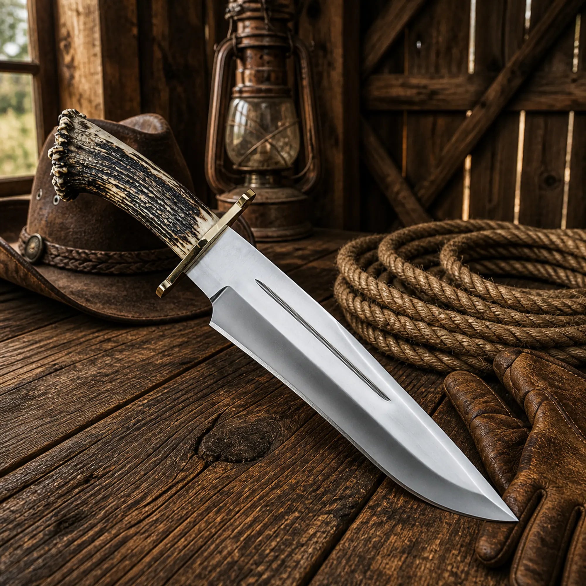 Muela Magnum Bowie knife with stag antler handle and leather sheath