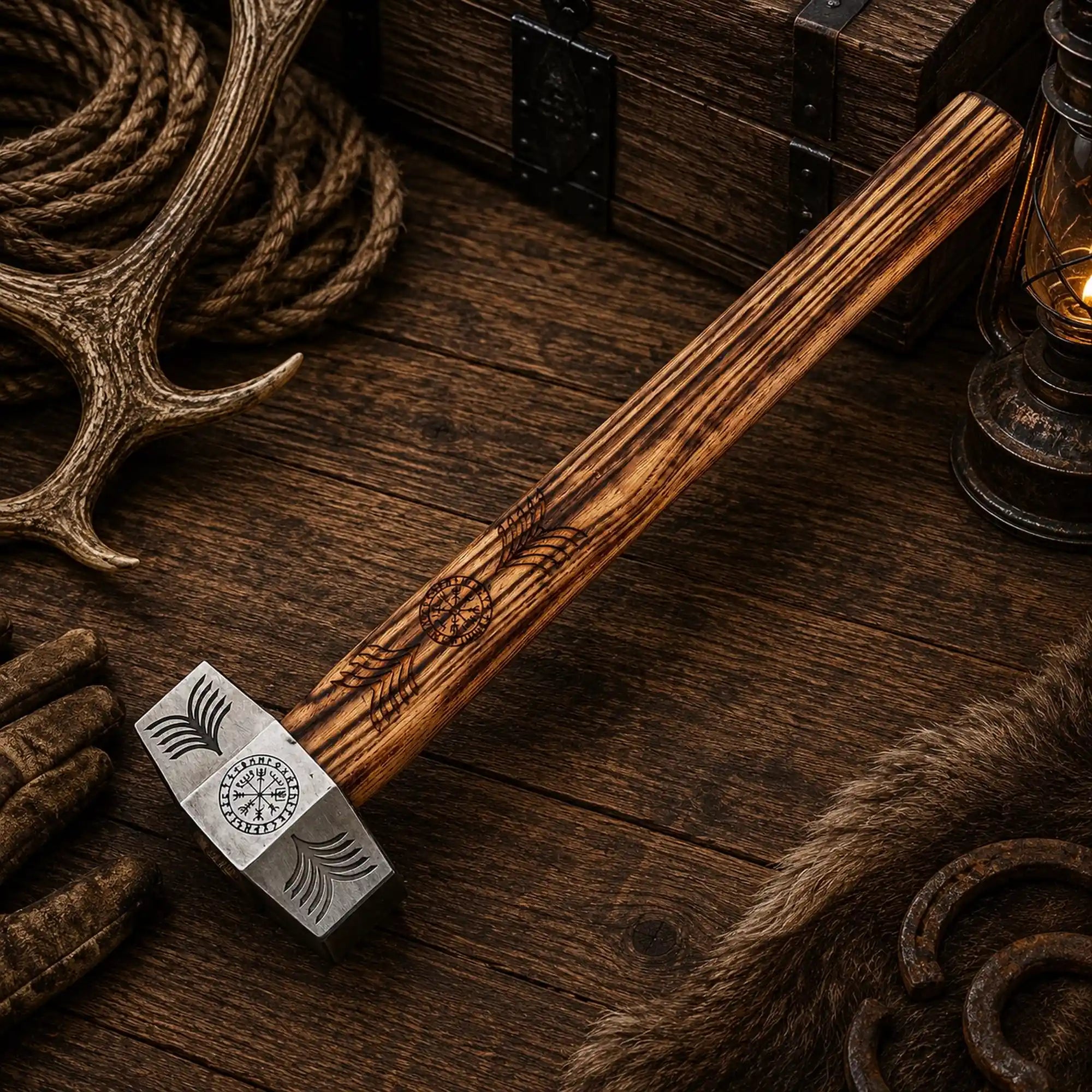 Nordic compass hammer featuring a burnt striped ash handle