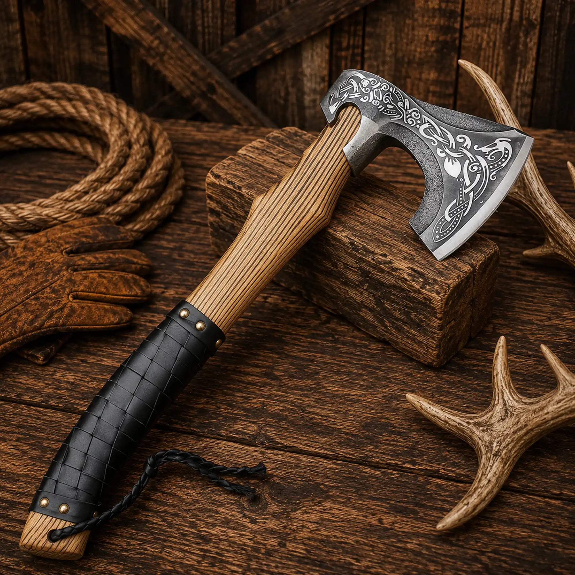 Premium Viking camping hatchet featuring Nordic engraved blade and leather wrapped hardwood handle.