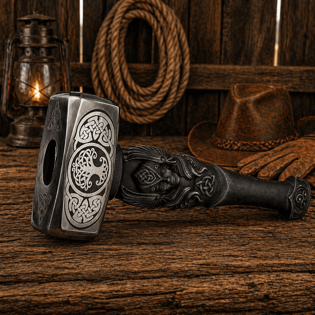 Nordic Hammer Hand Forged Steel Tree of Life Odin Handle - SHAM KNIVESHammersSHAM KNIVESNordic hammer with Tree of Life engraving and Odin carved handle displayed on stand in rustic barn setting
