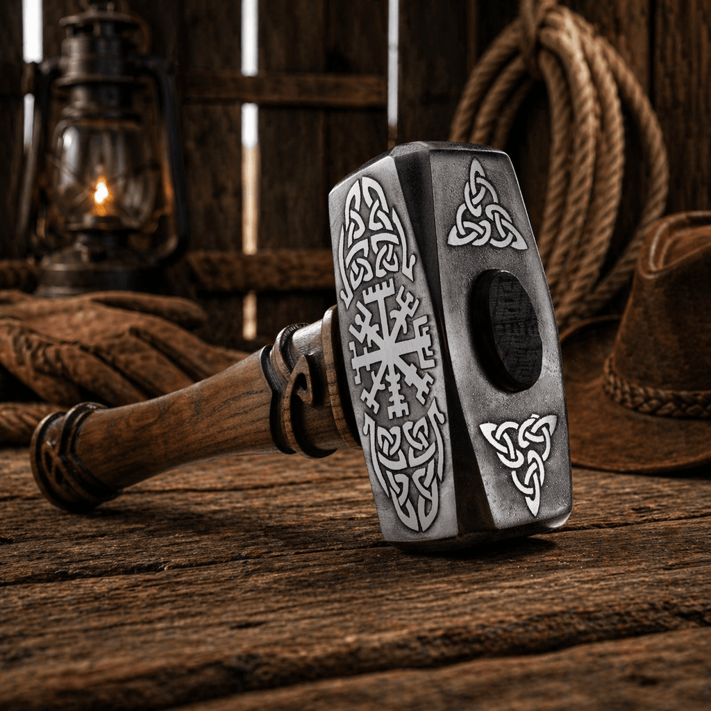 Nordic Hammer Hand Forged Steel Vegvisir Viking Compass - SHAM KNIVESHammersSHAM KNIVESNordic hammer with Vegvisir Viking compass engraving on steel head and wooden handle placed on rustic wooden table in barn setting