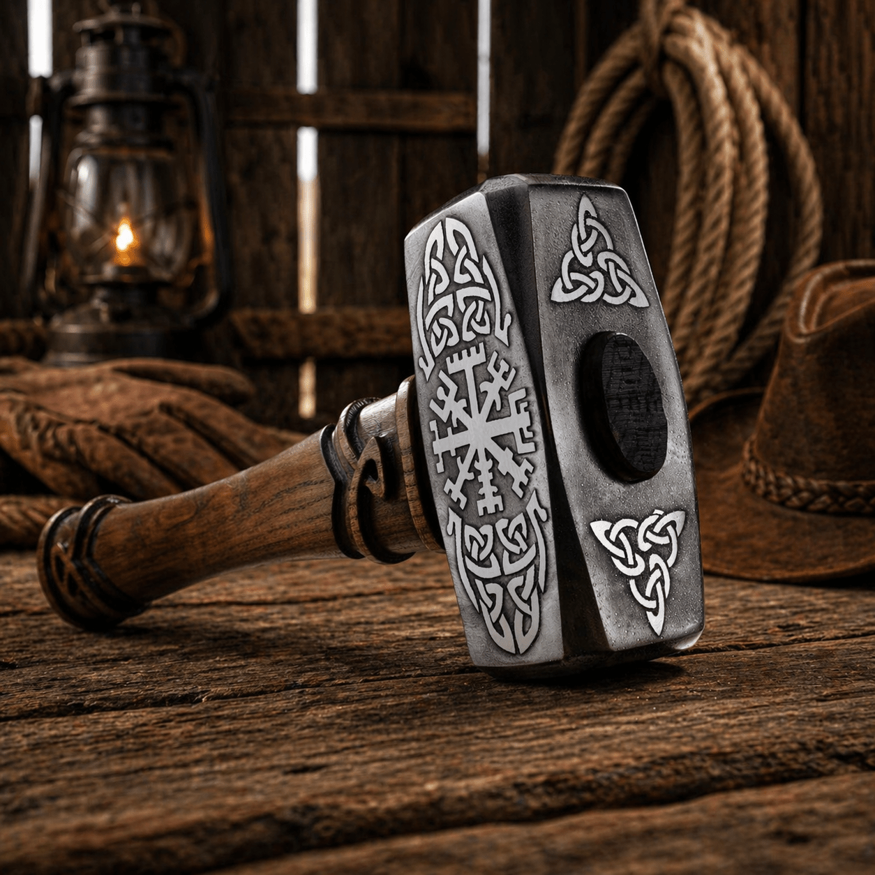 Nordic Hammer Hand Forged Steel Vegvisir Viking Compass - SHAM KNIVESHammersSHAM KNIVESNordic hammer with Vegvisir Viking compass engraving on steel head and wooden handle placed on rustic wooden table in barn setting