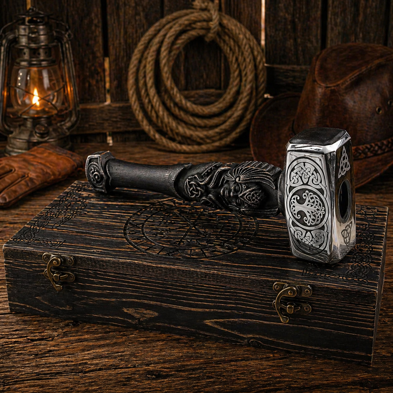 Nordic hammer with Tree of Life engraving and Odin carved handle displayed on stand in rustic barn setting