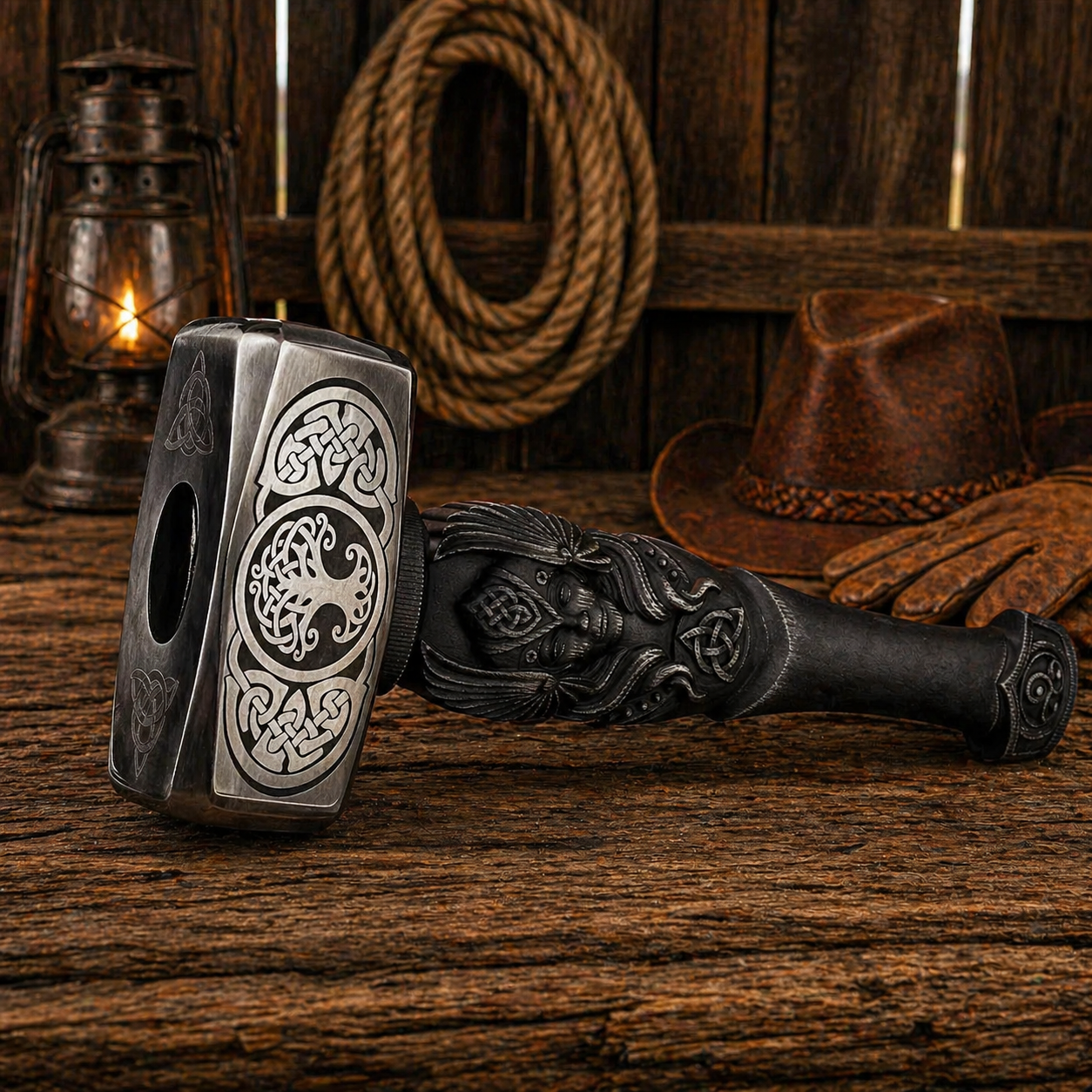 Nordic hammer with Tree of Life engraving and Odin carved handle displayed on stand in rustic barn setting