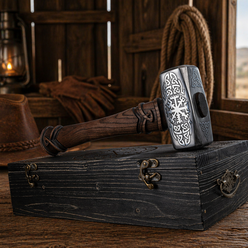 Nordic hammer with Vegvisir Viking compass engraving on steel head and wooden handle placed on rustic wooden table in barn setting
