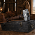 Nordic hammer with Vegvisir Viking compass engraving on steel head and wooden handle placed on rustic wooden table in barn setting