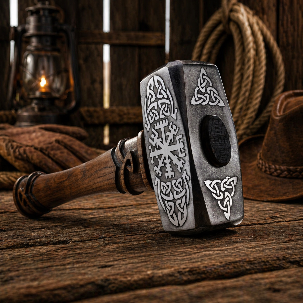 Nordic hammer with Vegvisir Viking compass engraving on steel head and wooden handle placed on rustic wooden table in barn setting