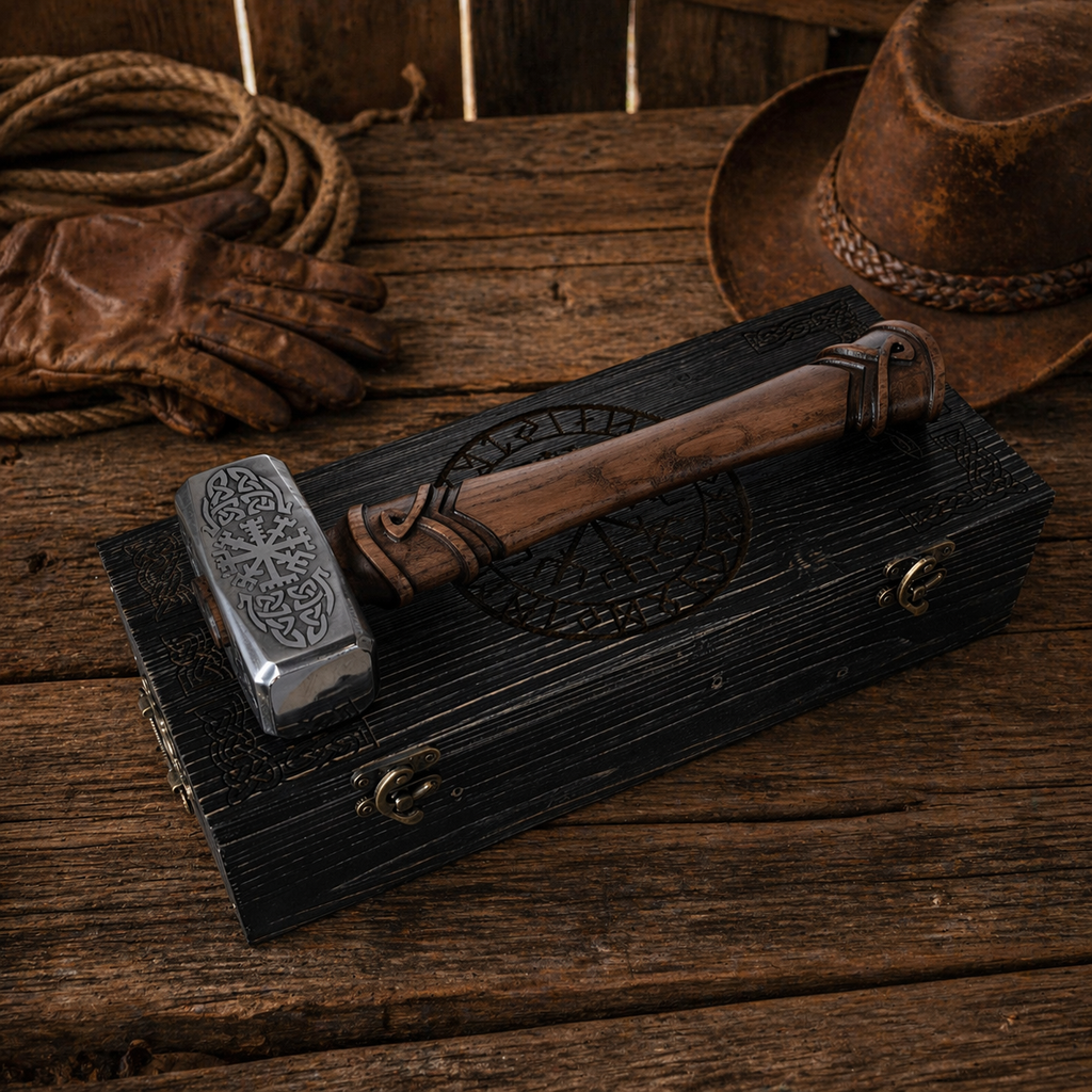 Nordic hammer with Vegvisir Viking compass engraving on steel head and wooden handle placed on rustic wooden table in barn setting