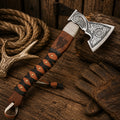 Handmade Nordic Viking bearded axe with engraved head and hardwood handle.