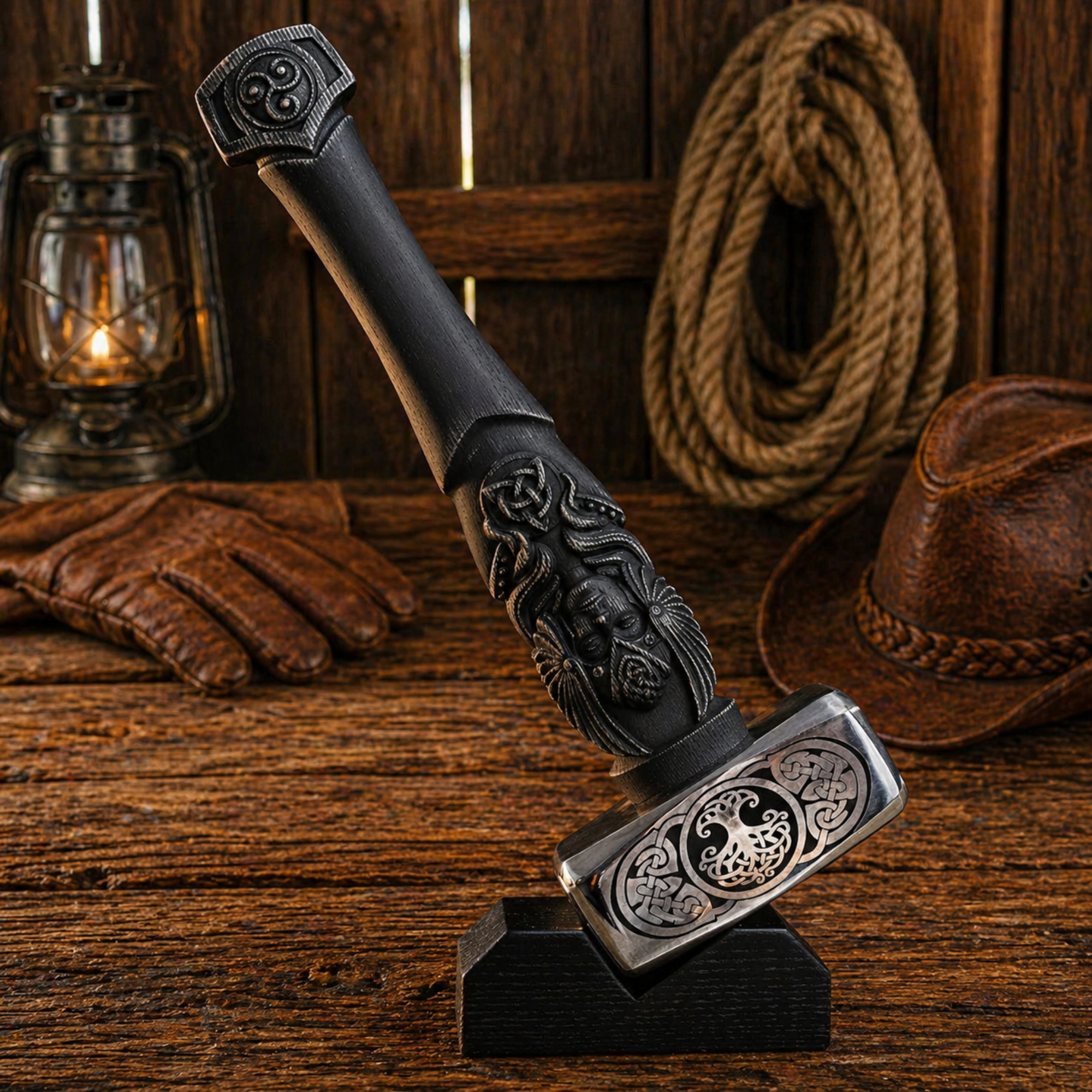 Nordic hammer with Tree of Life engraving and Odin carved handle displayed on stand in rustic barn setting