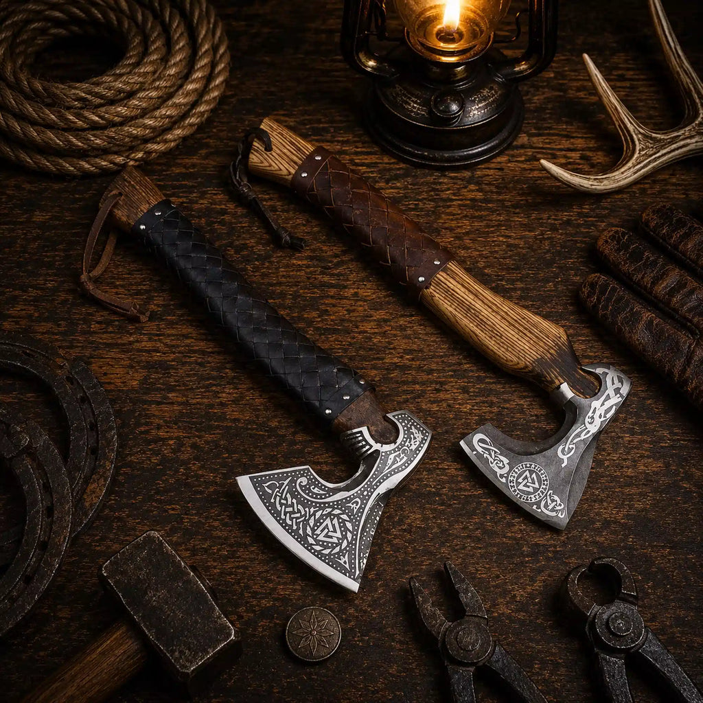 Norse Celtic Viking axe pair with engraved steel heads