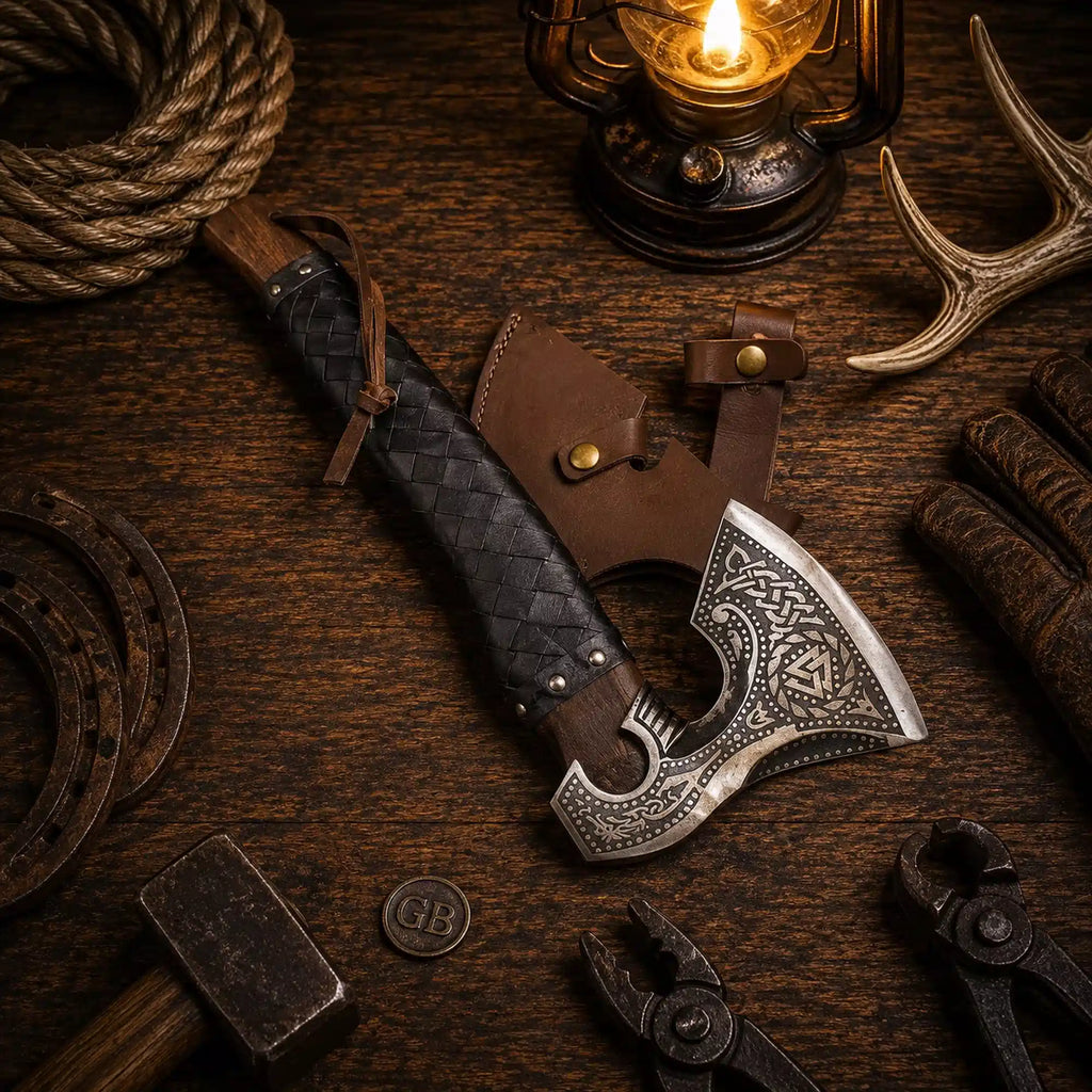 Norse engraved bearded hatchet with fitted brown leather sheath