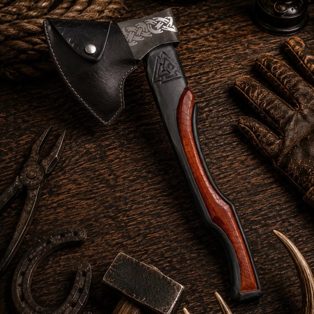 Norse Engraved Camping Axe – 1095 Carbon Steel & Rosewood Handle - SHAM KNIVESCamping AxeSHAM KNIVES21 inch Viking style camping axe with carved rosewood handle
