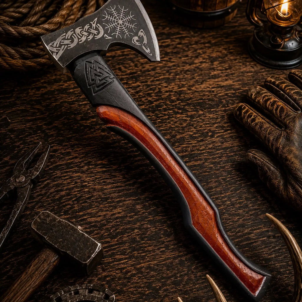 Norse engraved camping axe with 1095 carbon steel head and rosewood handle