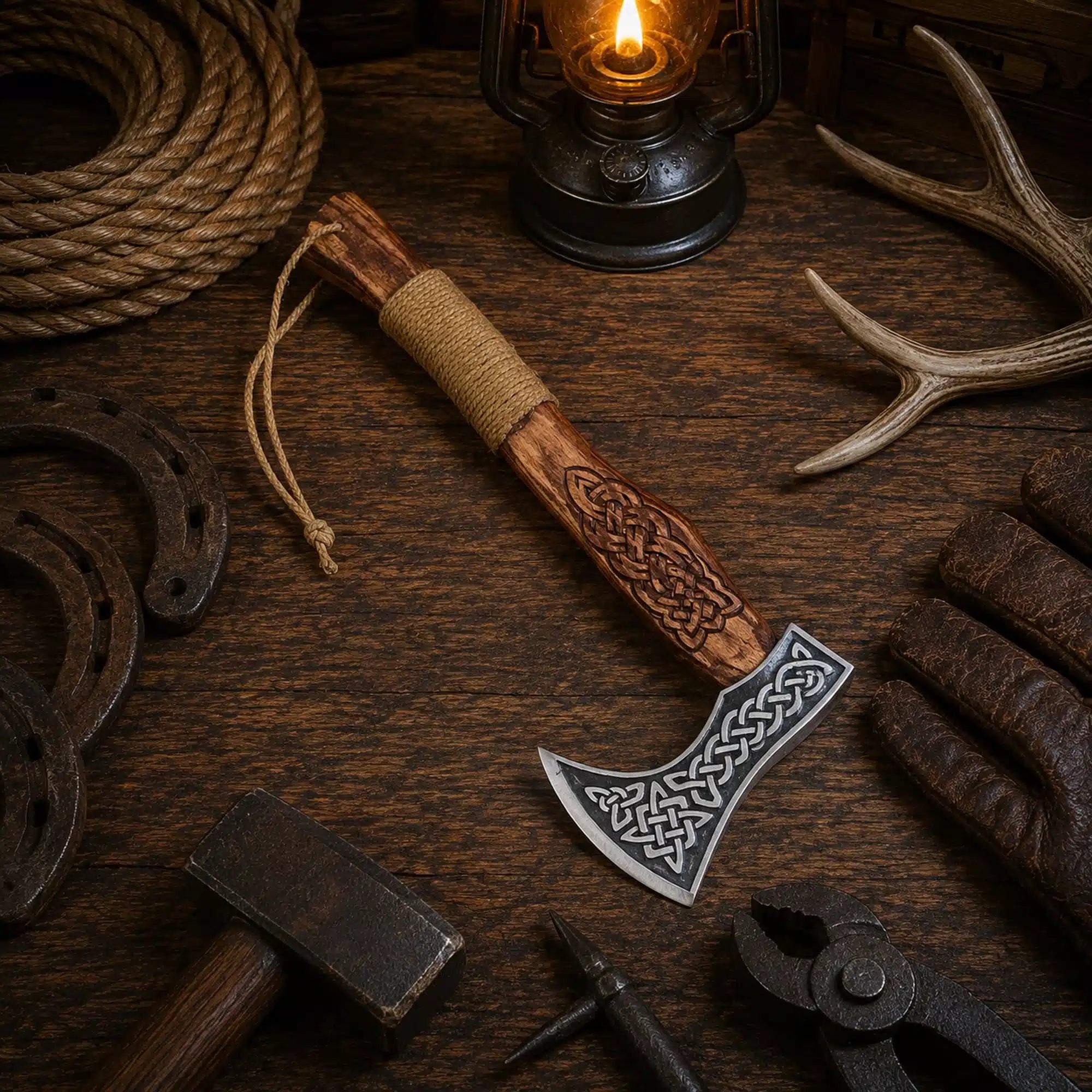 Norse engraved Viking axe with carved ash wood handle