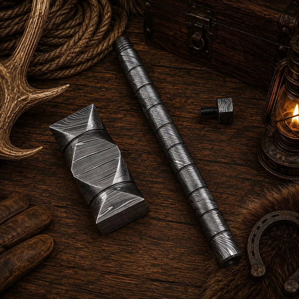 Norse-inspired Damascus hammer designed as collector décor
