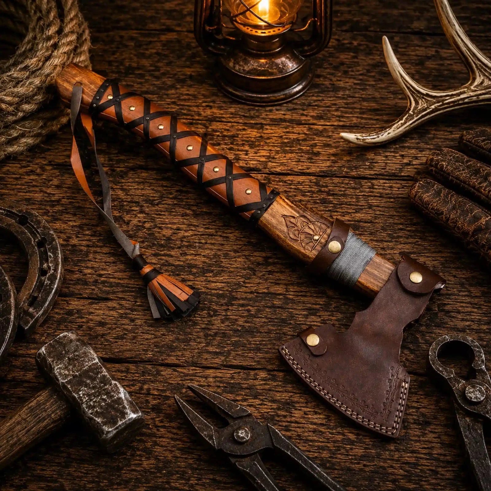 Viking hunting tomahawk with decorative steel head and leather wrapped handle and field leather sheath