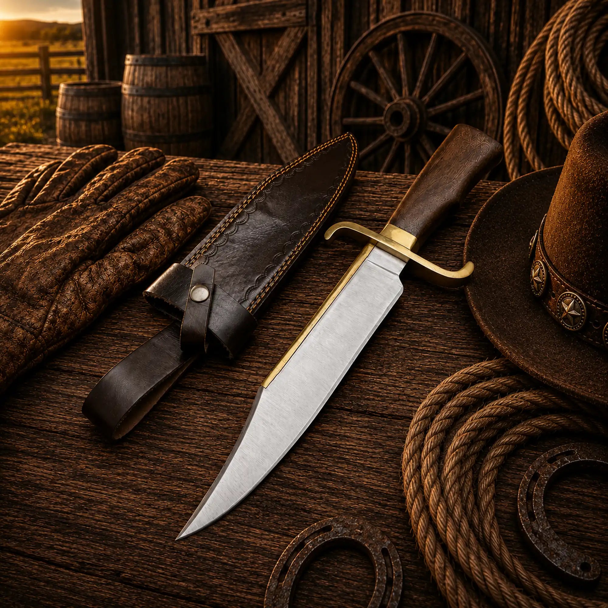 Notorious Musso Bowie knife with D2 steel blade and rose wood handle with leather sheah