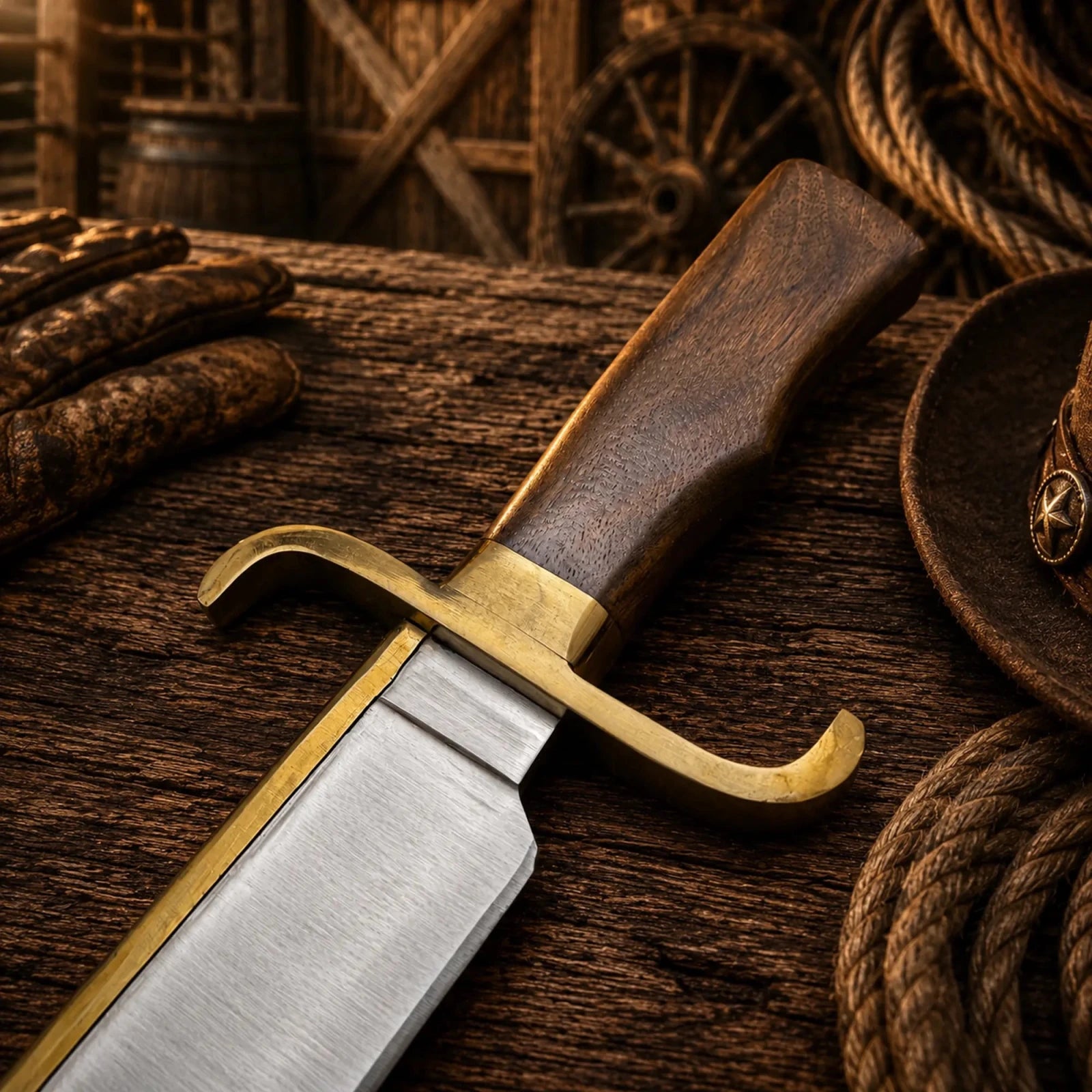 Notorious Musso Bowie Knife – D2 Steel Rose Wood Handle - SHAM KNIVESBowie knifeSHAM KNIVESHandmade Bowie knife with polished rose wood handle close-up