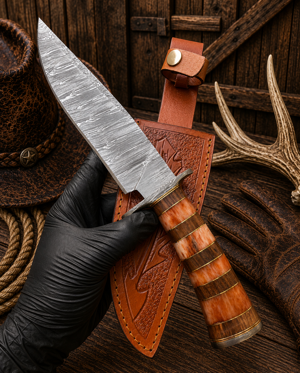 Oakleaf Legend Damascus Bowie knife with segmented bone and wood handle