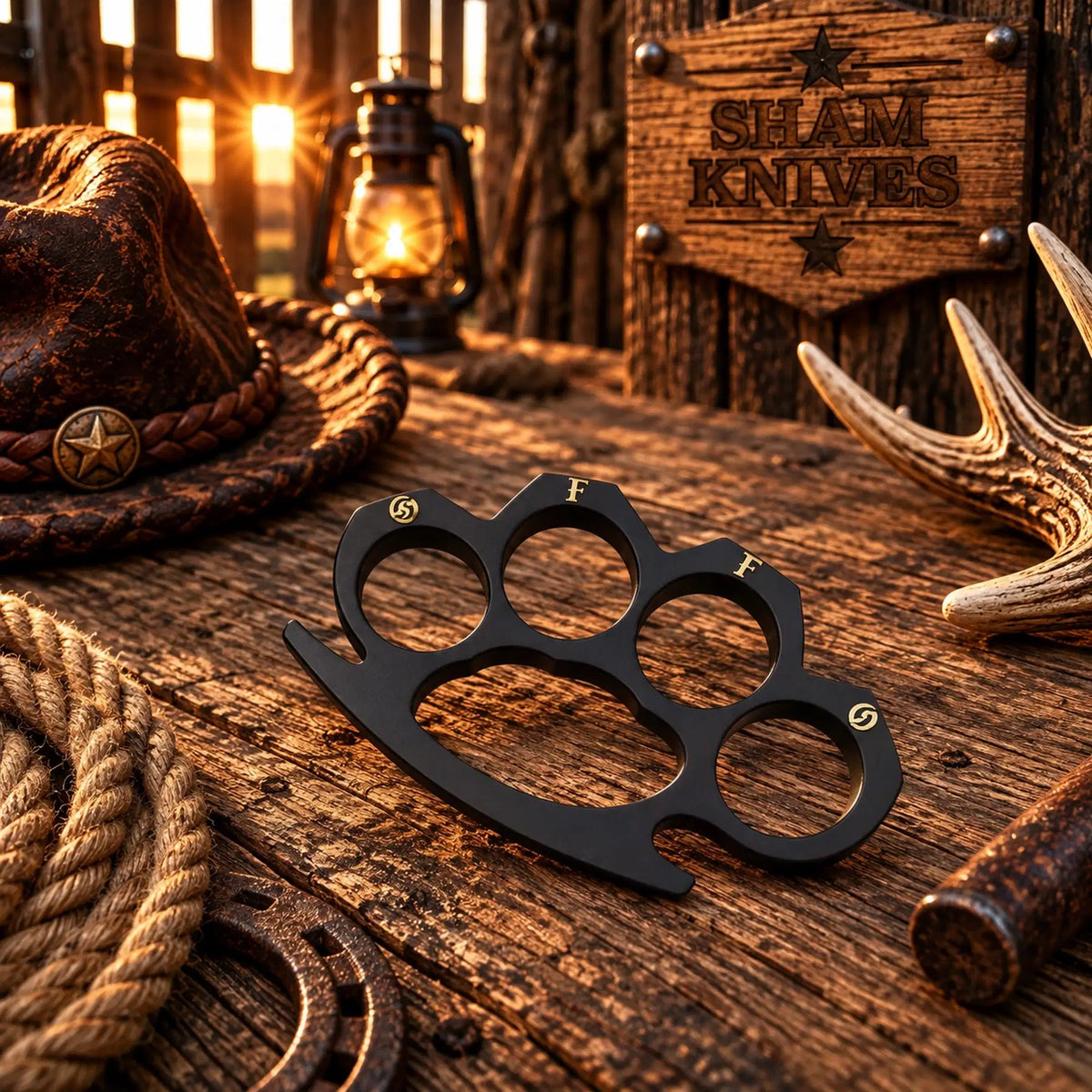 Alt text: OFFO and GFOD brass knuckle display piece on a rustic wooden table
