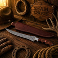 Old Angler Damascus steel fillet knife with rosewood handle and leather sheath