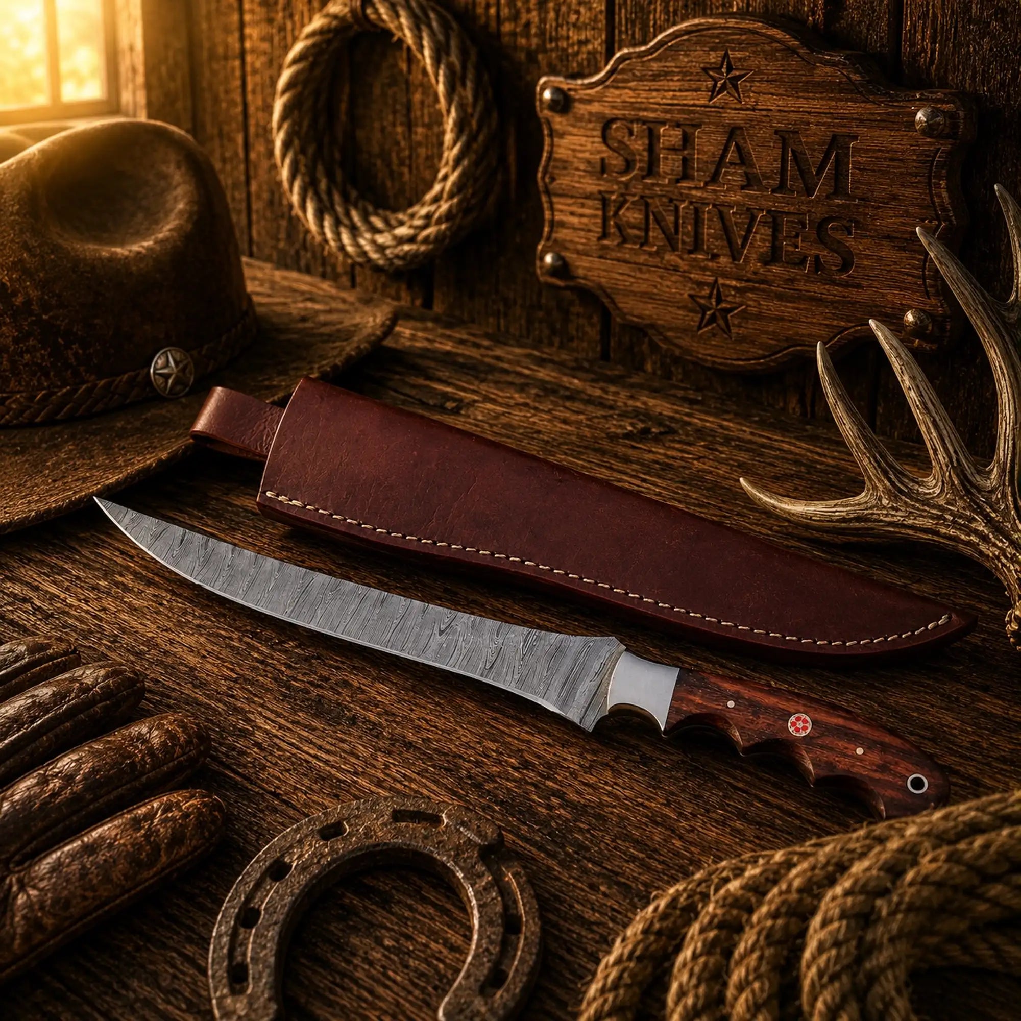 Old Angler Damascus steel fillet knife with rosewood handle and leather sheath