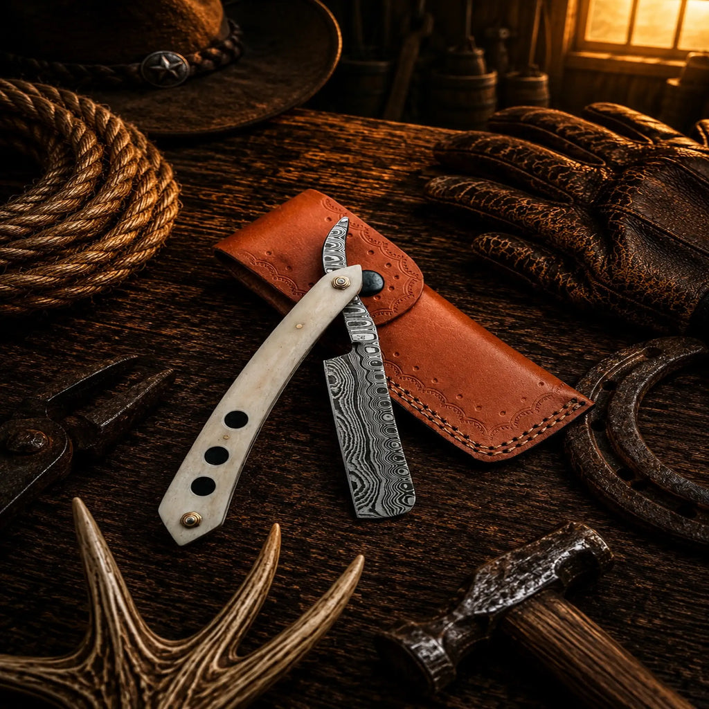 Old School Barber Straight Razor with handmade Damascus steel blade and bone handle