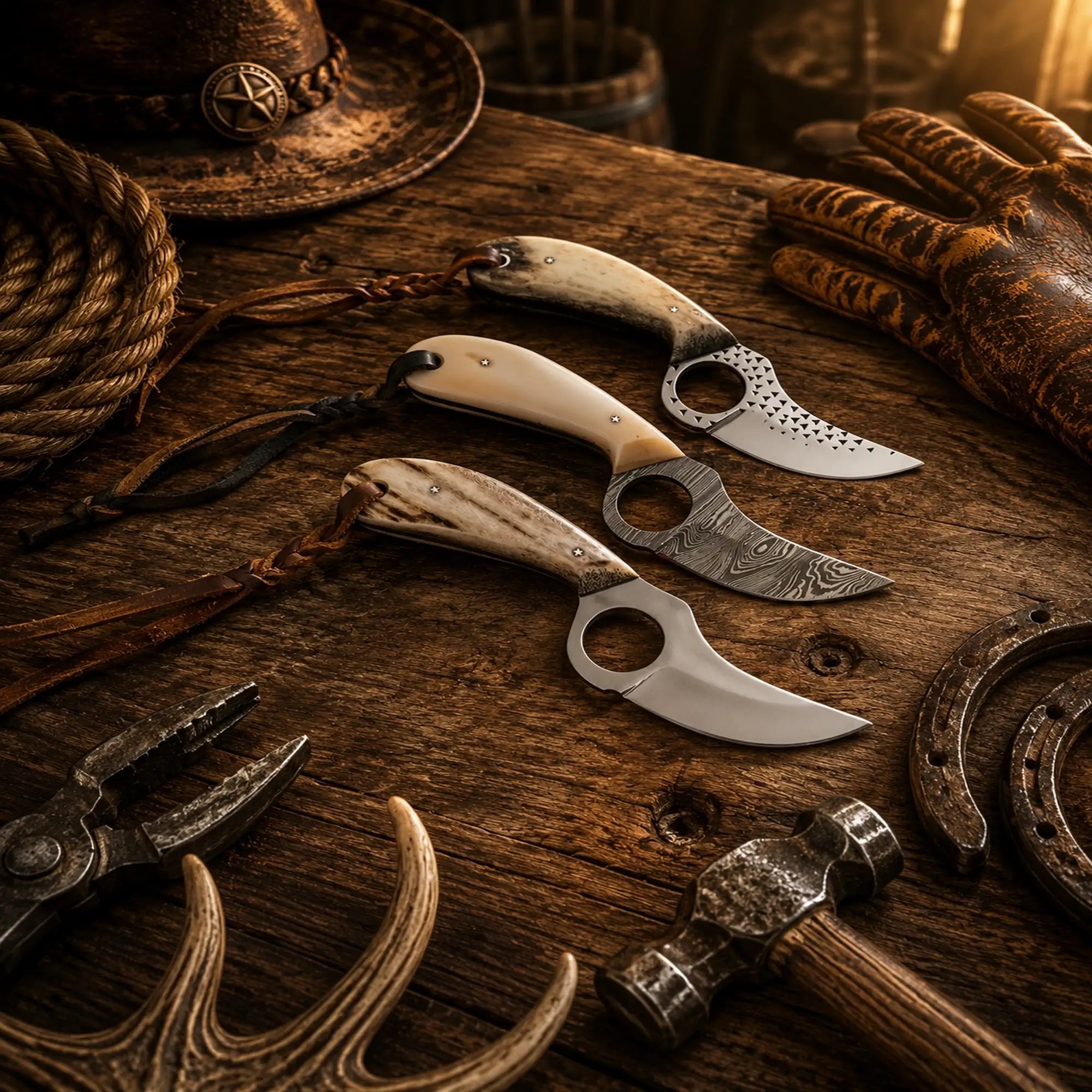 Old Timer Skinner Knife Collection with rasp, Damascus, and D2 steel blades