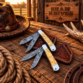  Orange stone-style Damascus trapper folding knife set with double blades