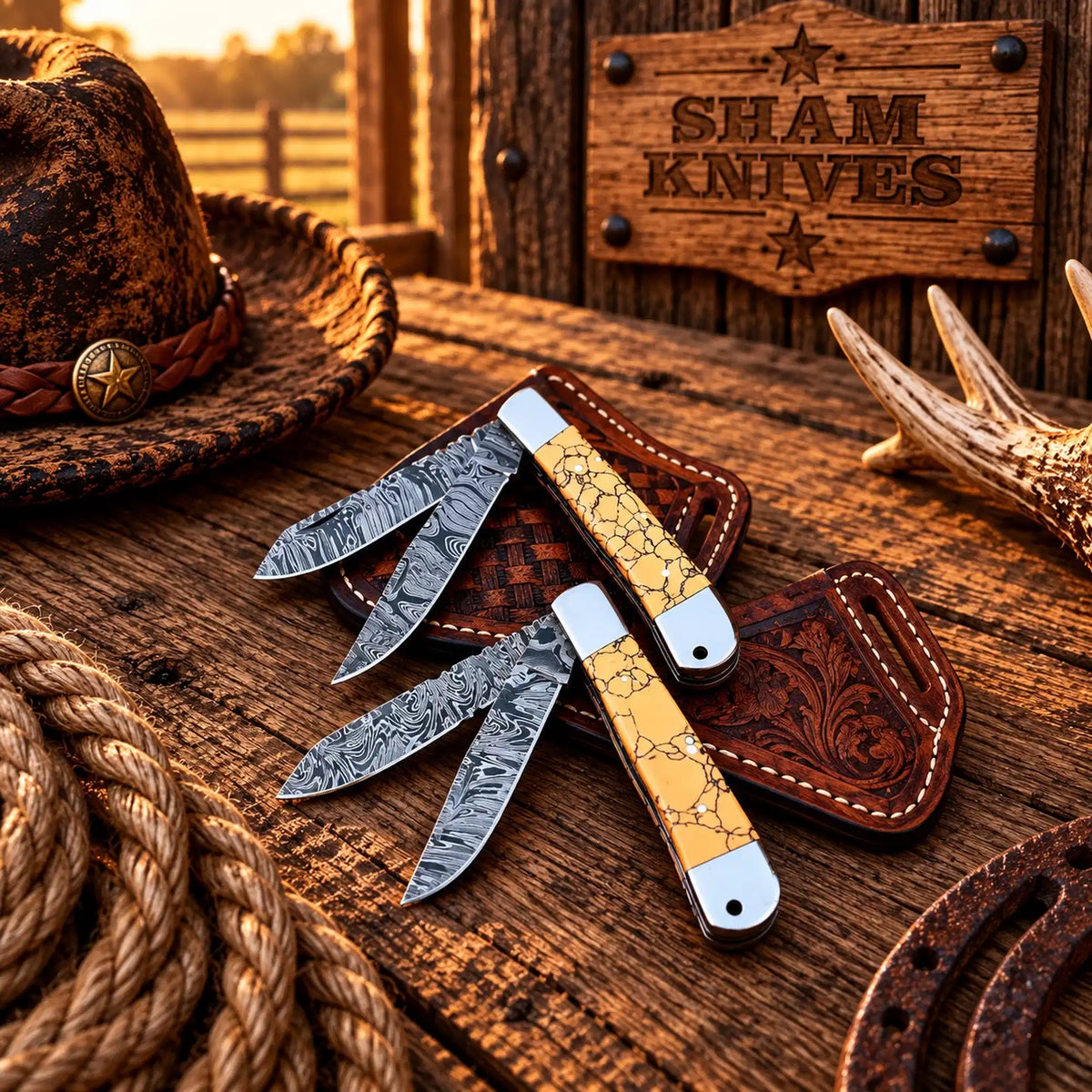  Orange stone-style Damascus trapper folding knife set with double blades