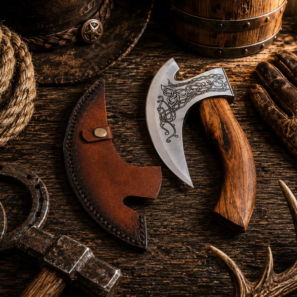 Original Pizza Cutter Axe with carbon steel blade and leather sheath