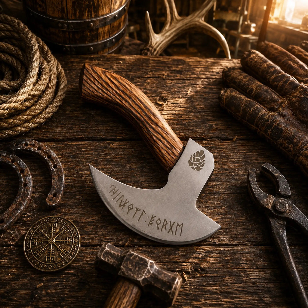 Original Viking pizza axe with curved burnt ash wood handle