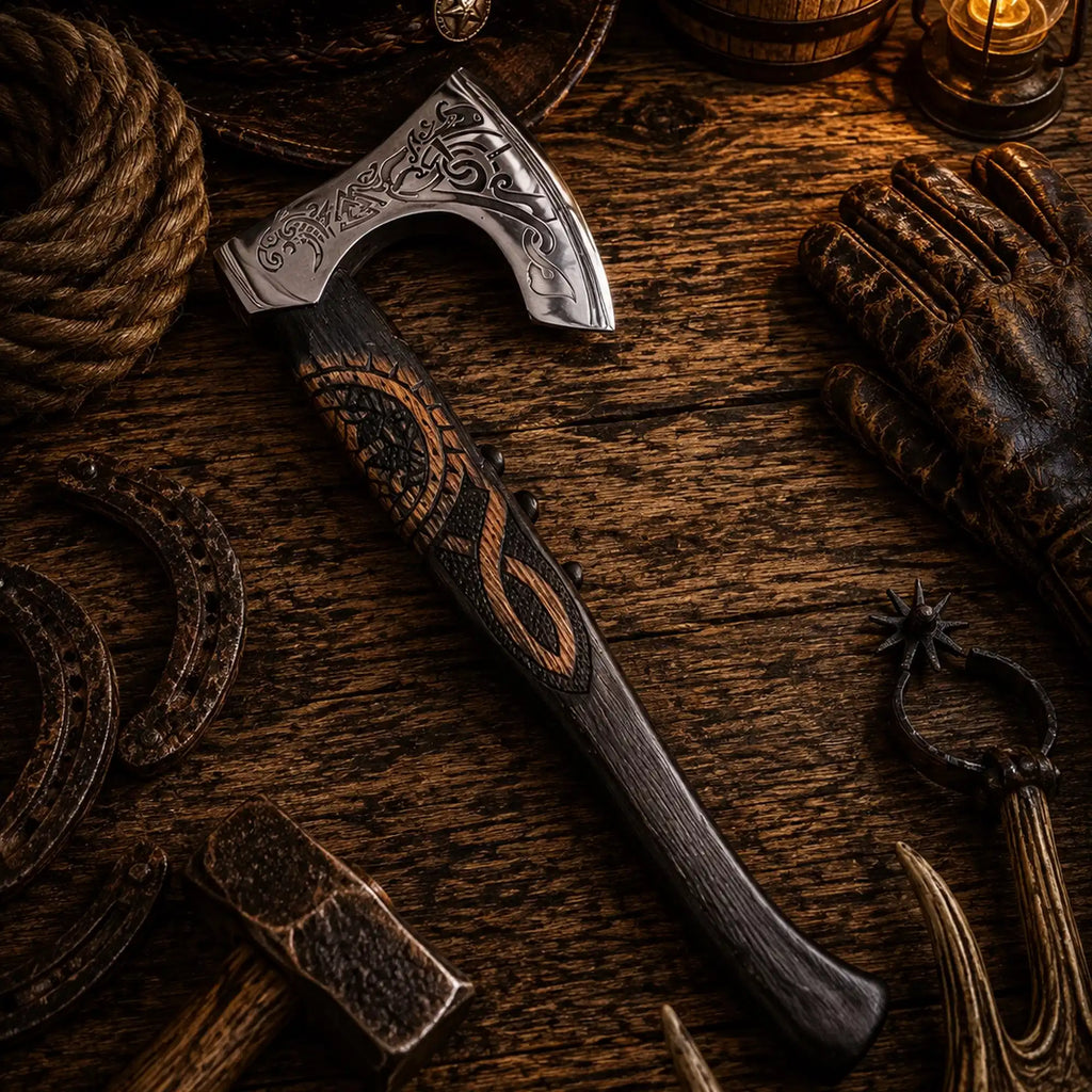 OTHALA hand forged Viking axe with carved ash wood handle