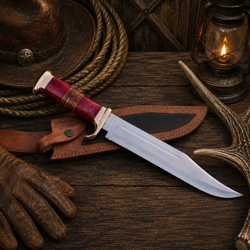 Outback Legend D2 Bowie knife with red resin and stacked-leather handle