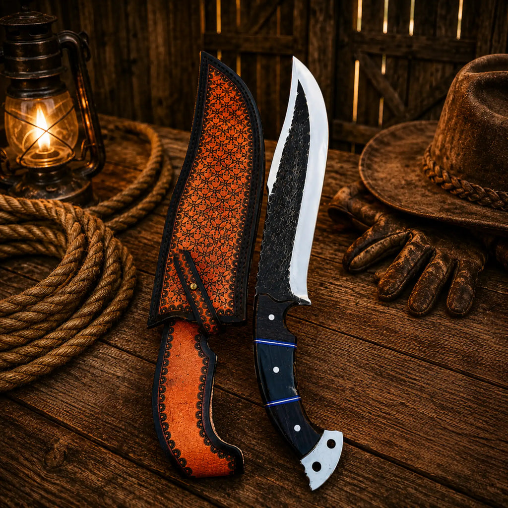 Premium custom fixed blade hunting knife displayed in rustic barn background