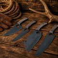 Handmade outdoor kitchen knife set with D2 powder coated blades and jigged wood handles.