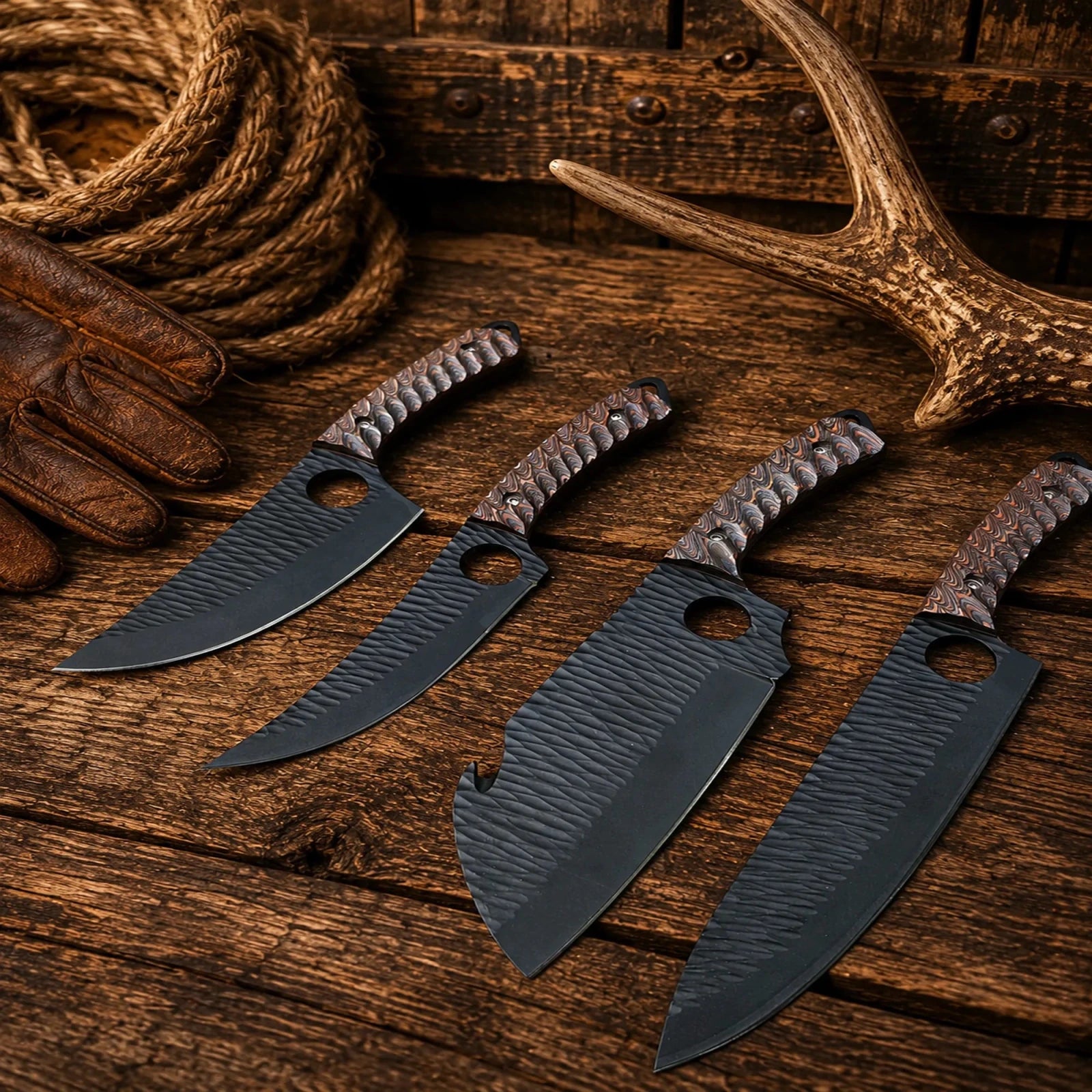 Outdoor Kitchen Knife Set – Hand Forged D2 Steel Powder Coated Blades & Jigged Wood Handles - SHAM KNIVESkitchen knifesSHAM KNIVESHandmade outdoor kitchen knife set with D2 powder coated blades and jigged wood handles.
